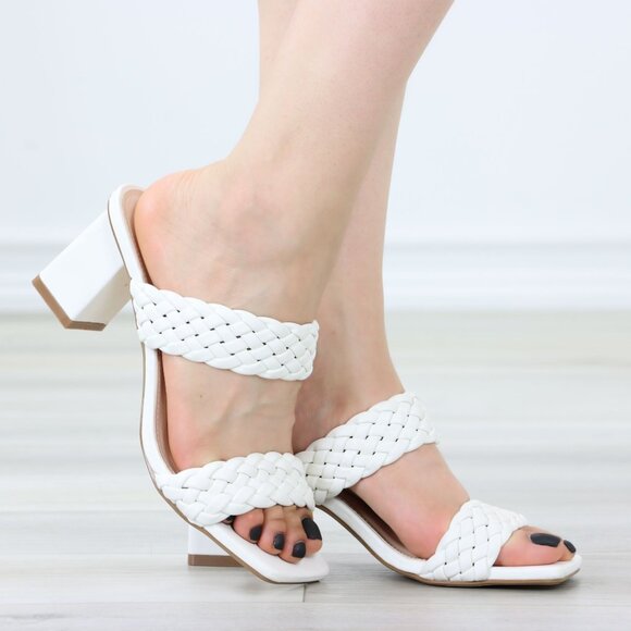 White Block Low Heeled Mule Open Squared Toe Slip On Sandals Braided Straps - Picture 4 of 14